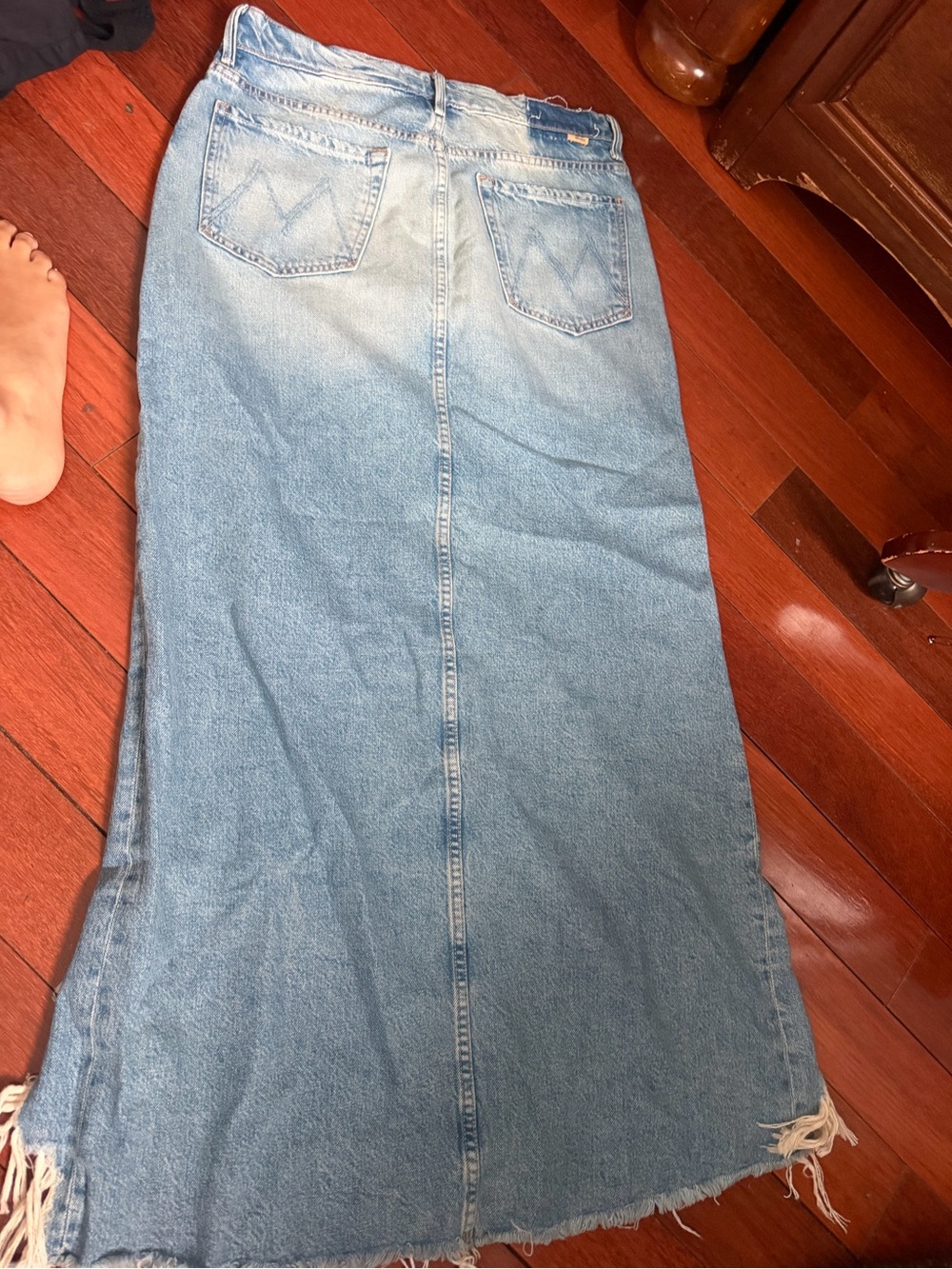 MOTHER Light Blue Distressed Denim Maxi Skirt with Frayed Slit - Picture 2 of 4